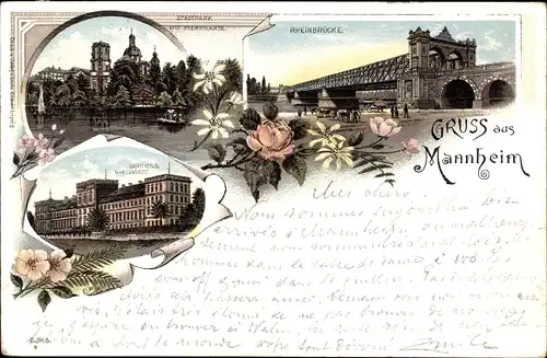 Litho Mannheim, Rheinbrücke, Stadtpark, Schloss