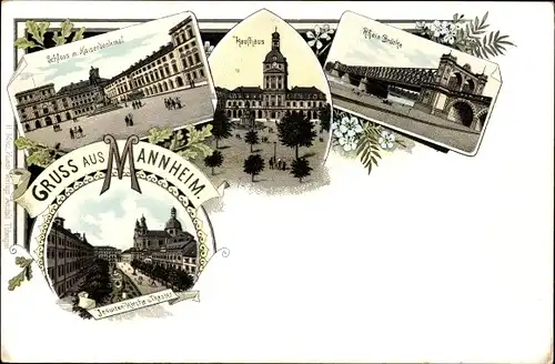 Litho Mannheim, Schloss, Kaiserdenkmal, Kaufhaus, Jesuiten-Kirche, Theater, Rheinbrücke