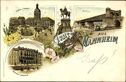 Litho Mannheim, Kaufhaus, Paradeplatz, Rheinbrücke, Restaurant Löwenkeller