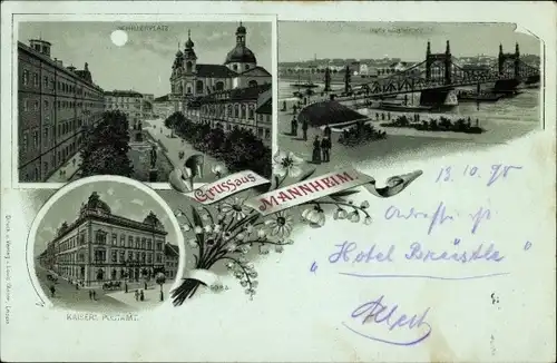 Litho Mannheim in Baden Württemberg, Schillerplatz, Neckarbrücke, Postamt