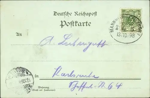 Litho Mannheim in Baden Württemberg, Schillerplatz, Neckarbrücke, Postamt