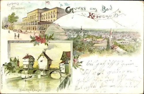 Litho Bad Kreuznach in Rheinland Pfalz, Kurhaus, Brückenhäuser