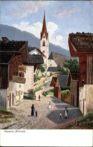 Künstler Litho Hippach im Zillertal Tirol, Kirche, Passanten