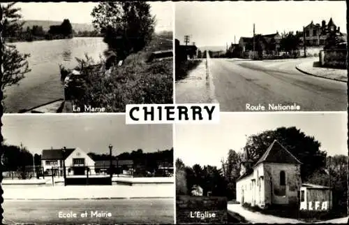 Ak Chierry Aisne, La Marne, Route Naitonale, Schule und Rathaus, Kirche