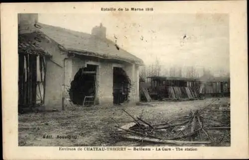 Ak Belleau Aisne, zerstörter Bahnhof