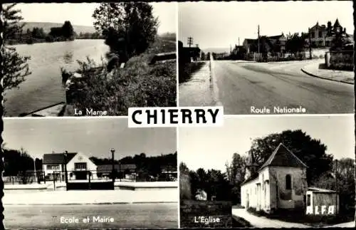 Ak Chierry Aisne, La Marne, Nationalstraße, Schule und Rathaus, Kirche