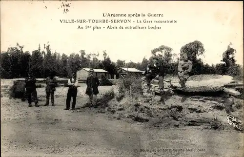 Ak Ville sur Tourbe Marne, l'Argonne apres la Guerre, La Gare reconstruite