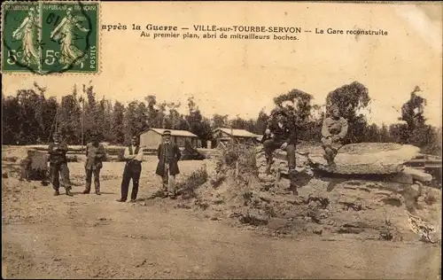 Ak Ville sur Tourbe Marne, La Gare reconstruite apres le Guerre