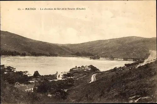 Ak Matadi RD Kongo Zaire, Die Eisenbahn und der Fluss