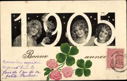 Präge Litho Glückwunsch Neujahr 1905, Kinder, Mädchen, Sekt, Glücksklee, Rosen