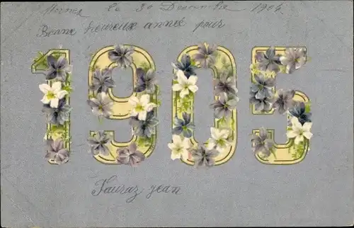 Litho Glückwunsch Neujahr 1905, Blumen