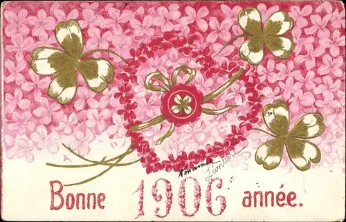 Präge Ak Glückwunsch Neujahr 1906, Glücksklee, Blumen