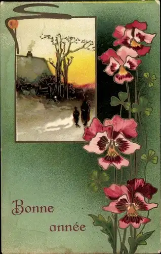 Präge Ak Glückwunsch Neujahr, Stiefmütterchen, Glücksklee