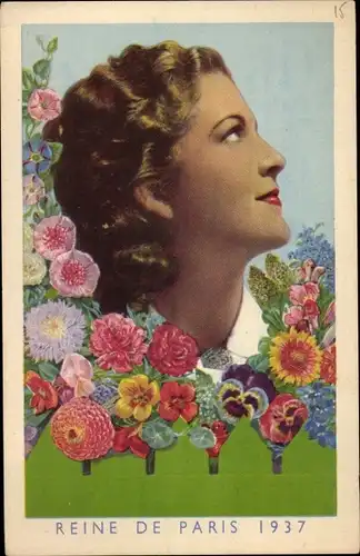 Ak Königin von Paris 1937, Frau-Portrait, Blumen