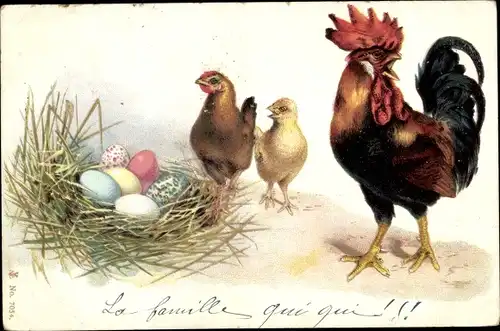 Ak Glückwunsch Ostern, Hahn, Hühner, bunte Ostereier