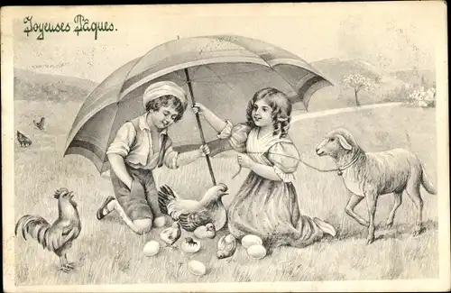 Ak Glückwunsch Ostern, Kinder mit Küken und Lamm, Regenschirm, Huhn, Hahn