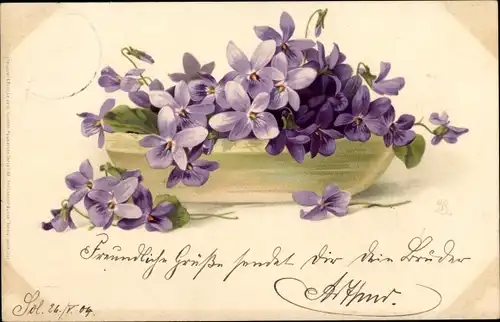 Künstler Ak Veilchen in einer Schale