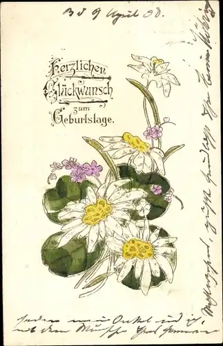 Litho Glückwunsch Geburtstag, Weiße und lila Blüten