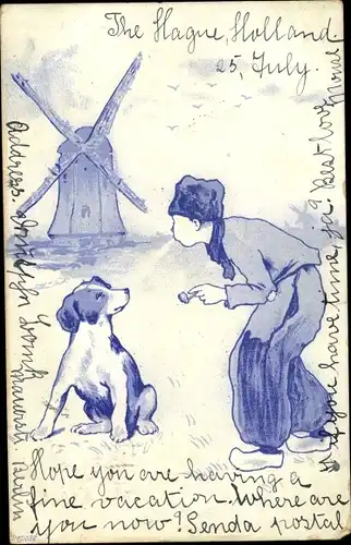 Künstler Ak Windmühle, Hund, Junge in niederländischer Tracht