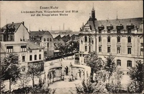 Ak Essen im Ruhrgebiet, Limbecker Platz, Kruppdenkmal, Krupp'sche Werke
