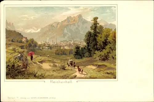 Litho Bad Reichenhall in Oberbayern, Hirte auf den Weg zur Stadt, Alpenblick, Ziegen