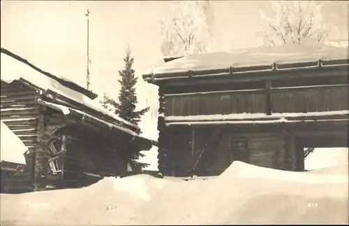 Ak Leksand Tällberg Schweden, Holzhütten im Winter, Teilansicht