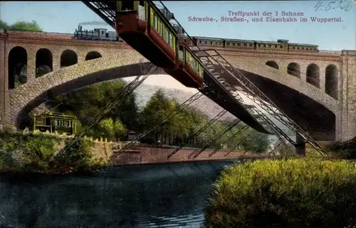 Ak Wuppertal, Treffpunkt der 3 Bahnen, Schwebebahn, Eisenbahn, Straßenbahn