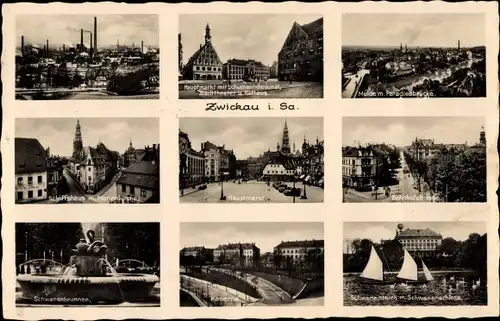 Ak Zwickau in Sachsen, Hauptmarkt, Schumanndenkmal, Stadttheater, Rathaus, Kaserne, Paradiesbrücke