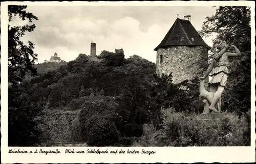 Ak Weinheim an der Bergstraße Baden, Blick vom Schlosspark auf die 2 Burgen