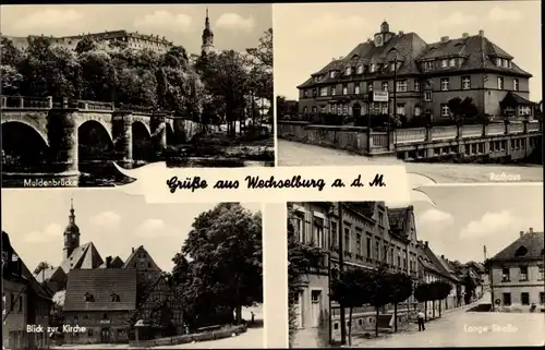 Ak Wechselburg Mulde, Muldenbrücke, Rathaus, Lange Straße, Kirche