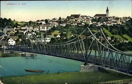Ak Landau an der Isar Niederbayern, Gesamtansicht, Brücke, Kirche