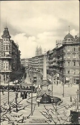 Ak Magdeburg an der Elbe, Hasselbachplatz, Säule, Straßenbahn