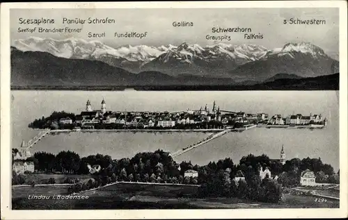 Ak Lindau am Bodensee Schwaben, Insel, Brücken, Alpen, 3 Schwestern, Schwarzhorn, Fundelkopf