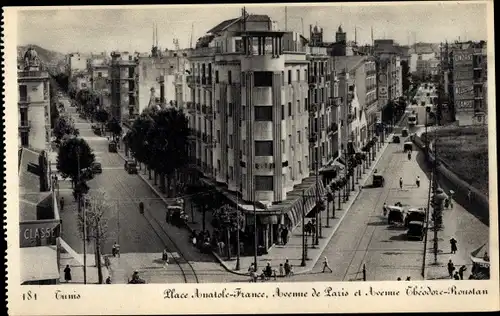 Ak Tunis Tunesien, Place Anatole France, Avenue de Paris und Ave. Theodor Roustan