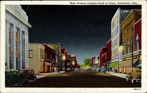 Ak Ashtabula Ohio USA, Main Avenue bei Nacht