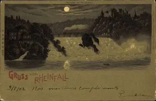 Mondschein Litho Rheinfall Kanton Schaffhausen, Wasserfall bei Nacht