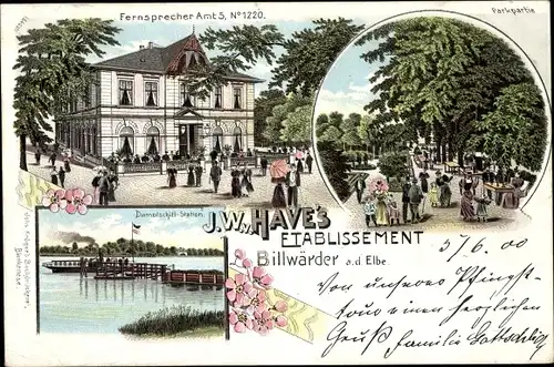 Litho Hamburg Bergedorf Billwärder, Etablissement von J. W. Have, Park, Dampfschiff Station