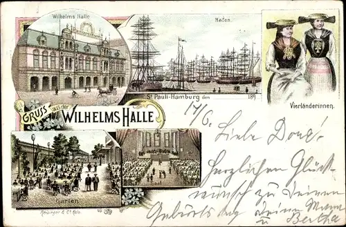 Litho Hamburg Mitte St. Pauli, Wilhelmshalle, Hafen, Garten, Saal, Vierländerinnen in Tracht