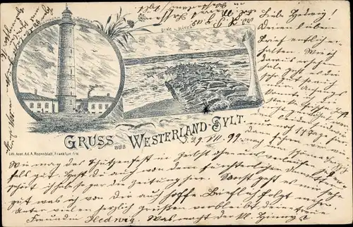 Litho Westerland auf Sylt, Buhne, Möwen, Leuchtturm Kampen