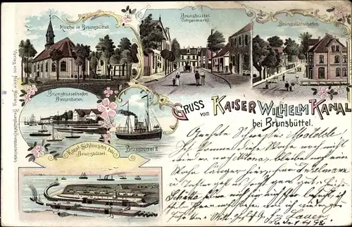 Litho Brunsbüttel, Kaiser Wilhelm Kanal, Ochsenmarkt, Kirche, Brunsbüttelhafen, Schleusen