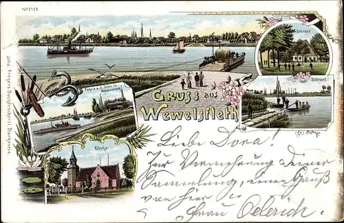 Litho Wewelsfleth in Schleswig Holstein, Kirche, Fähre, Blick auf den Ort