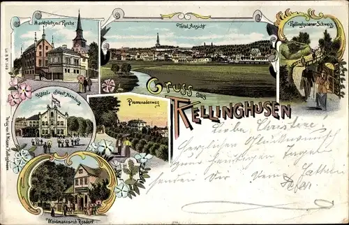 Litho Kellinghusen in Holstein, Hotel Stadt Hamburg, Waidmannsruh Rosdorf, Marktplatz, Kirche