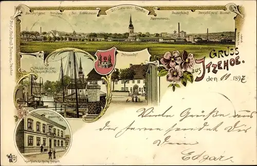 Litho Itzehoe in Holstein, Totalansicht, Lange Brücke, Zuckerfabrik, Kirche