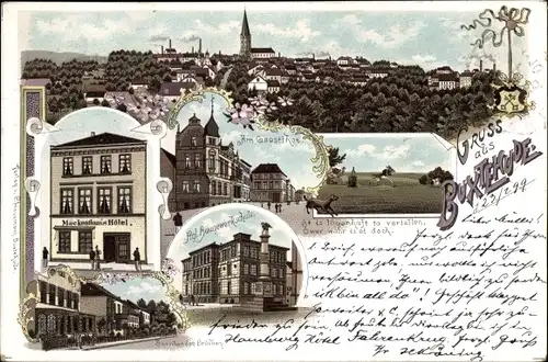 Litho Buxtehude, Gesamtansicht, Geesttor, Baugewerkschule, Hotel, Zwischen den Brücken