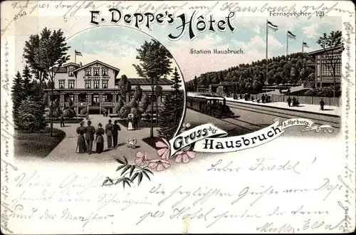 Litho Hamburg Harburg Hausbruch, Hotel E. Deppe, Bahnstation