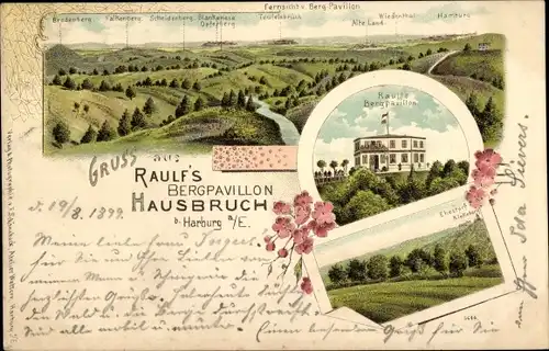 Litho Hamburg Harburg Hausbruch, Raulf's Bergpavillon, Fernsicht, Panorama