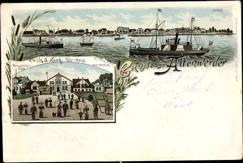 Litho Hamburg Harburg Altenwerder, Panorama, Fährhaus H. J. Koch