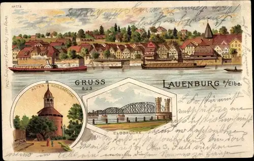 Litho Lauenburg an der Elbe, Elbbrücke, alter Schlossturm, Gesamtansicht