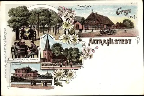 Litho Hamburg Wandsbek Rahlstedt Altrahlstedt, Etablissement C. Köster, Kirche, Bahnhof