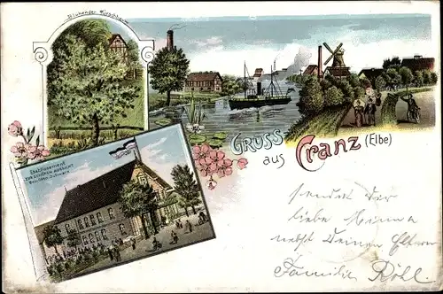 Litho Hamburg Harburg Cranz, Etablissement Zur schönen Aussicht, blühender Kirschbaum